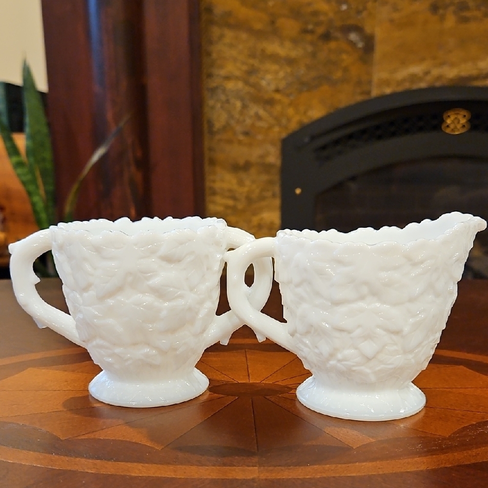 Westmoreland Bramble Pattern Milk Glass Open Sugar & Creamer, Set of 2